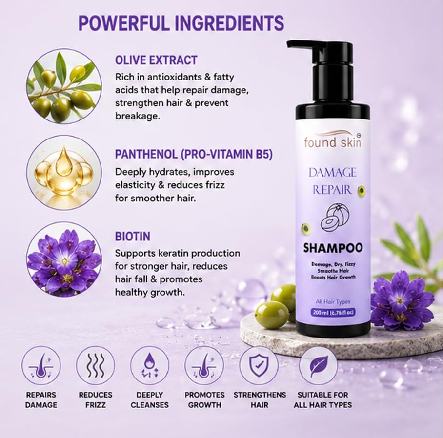 Found Skin Damage Repair Shampoo for Dry, Frizzy and Damaged Hair, Smooth and Nourishing Daily Cleanser, All Hair Types, 200ml
