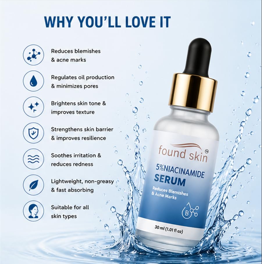 Found Skin 5% Niacinamide Face Serum for Daily Skin Care | Lightweight Formula for Smooth & Refreshed Looking Skin | Suitable for All Skin Types 30ml