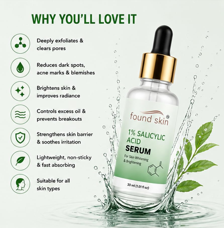 Found Skin 1% Salicylic Acid Face Serum for Daily Skin Care | Lightweight Formula for Smooth & Refreshed Looking Skin | Suitable for All Skin Types 30ml