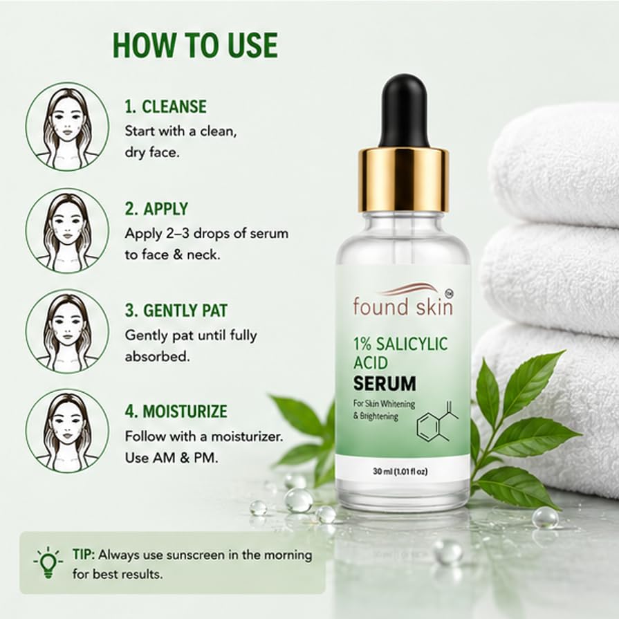 Found Skin 1% Salicylic Acid Face Serum for Daily Skin Care | Lightweight Formula for Smooth & Refreshed Looking Skin | Suitable for All Skin Types 30ml
