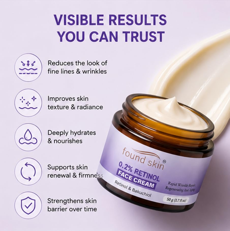 Found Skin 0.2% Retinol Face Cream with Bakuchiol for Daily Skin Care | Lightweight Moisturizing Formula for Smooth Looking Skin | 50g
