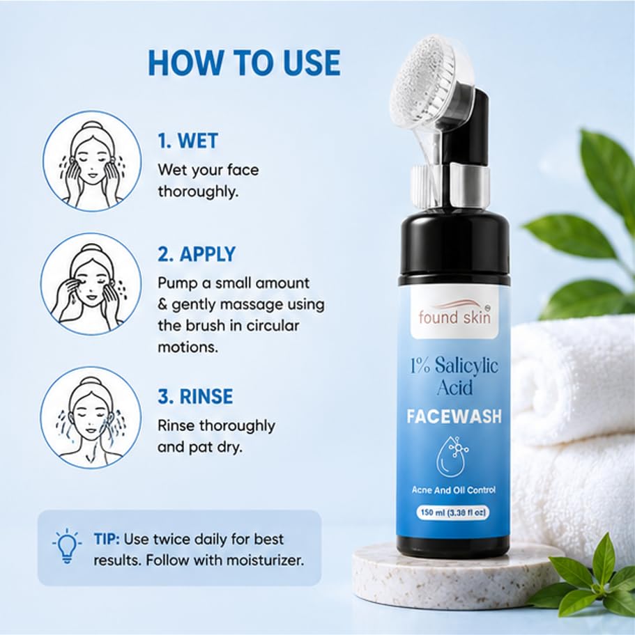 Found Skin 1% Salicylic Acid Face Wash for Acne & Oil Control | Deep Cleansing Daily Face Cleanser for Oily & Acne Prone Skin | Gentle Exfoliating Facewash 150ml