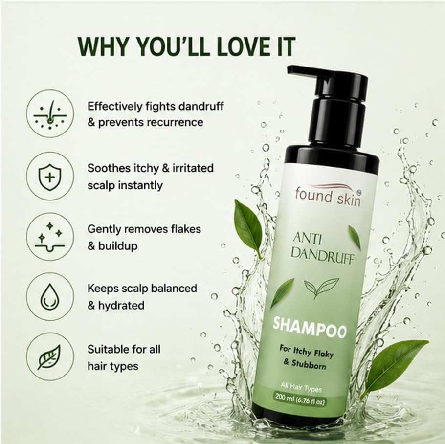 Found Skin Anti Dandruff Shampoo for Itchy, Flaky & Stubborn Dandruff | Scalp Cleansing & Nourishing Hair Shampoo for Men & Women | Suitable for All Hair Types | 200ml