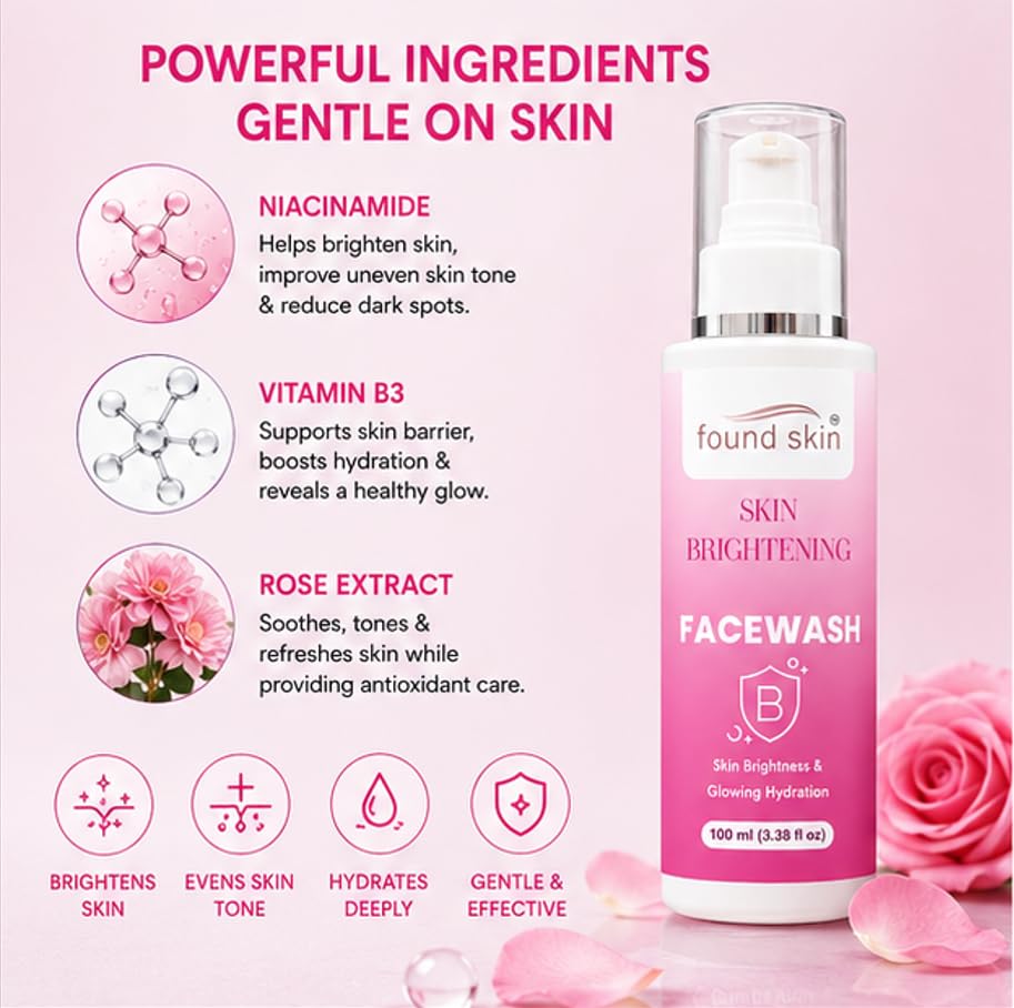 Found Skin Brightening Face Wash for Glowing & Hydrated Skin | Gentle Daily Facial Cleanser for Fresh, Smooth & Radiant Looking Skin for Men & Women 100ml