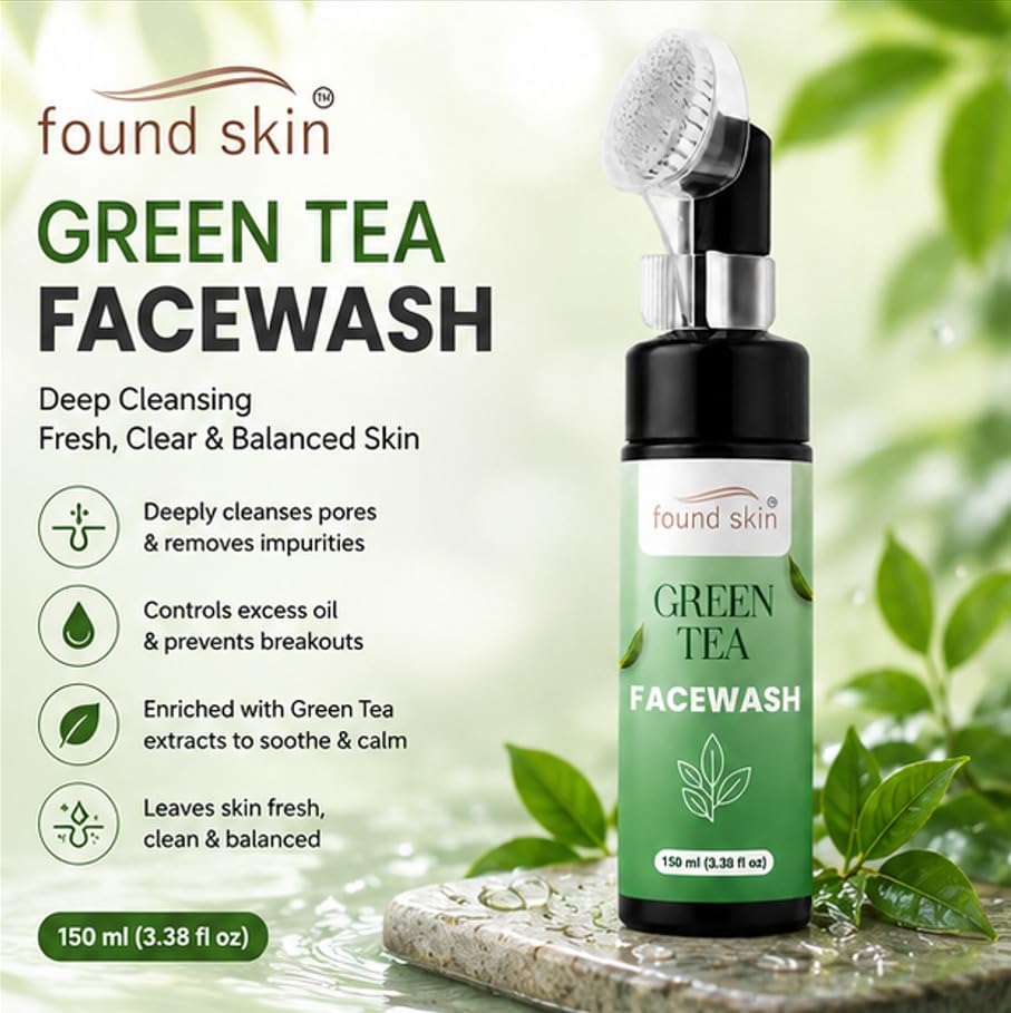 Found Skin Green Tea Face Wash with Built-in Silicone Brush | Deep Cleansing Oil Control Face Cleanser for Acne, Blackheads & Pimples | Hydrating & Refreshing Skincare for Oily Skin | 150ml