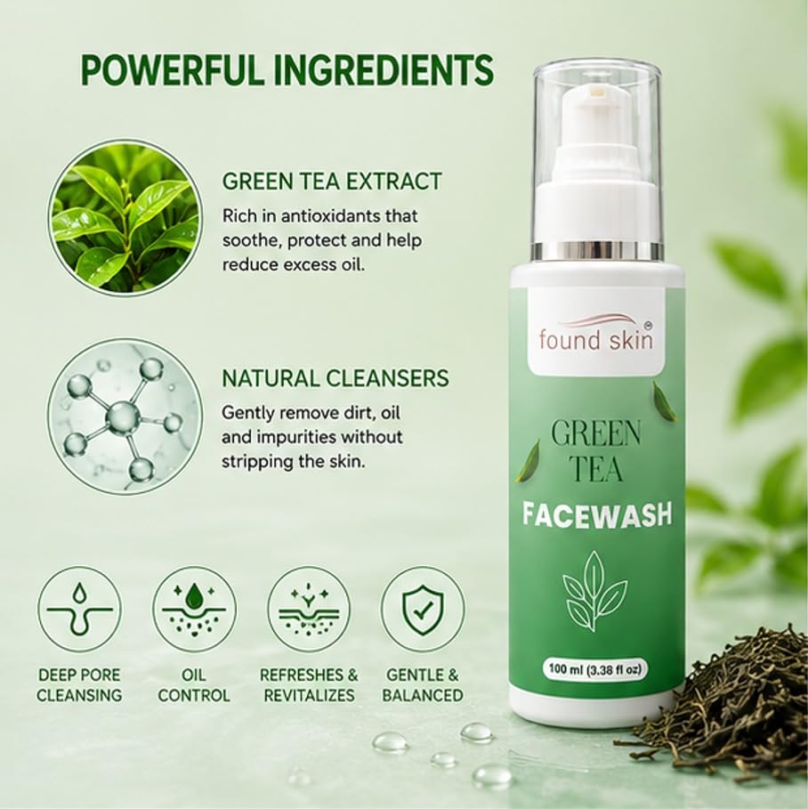 Found Skin Green Tea Face Wash | Deep Pore Cleansing Oil Control Face Cleanser for Acne, Pimples & Dull Skin | Refreshing Daily Facial Cleanser with Green Tea Extract | 100ml
