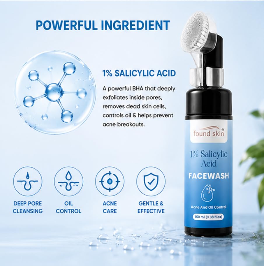 Found Skin 1% Salicylic Acid Face Wash for Acne & Oil Control | Deep Cleansing Daily Face Cleanser for Oily & Acne Prone Skin | Gentle Exfoliating Facewash 150ml