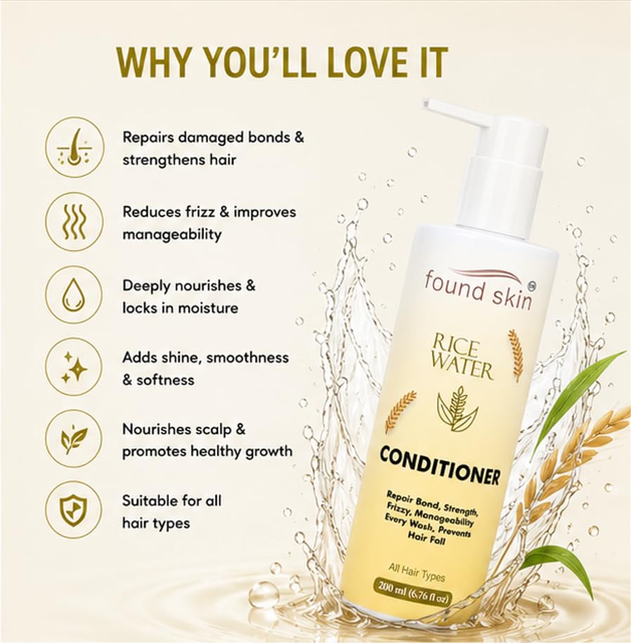 Found Skin Rice Water Formula for Dry, Frizzy & Weak Strands | Nourishing Daily Conditioner for Smooth & Manageable Hair 200ml