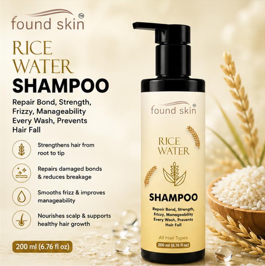 Found Skin Rice Water Shampoo for Hair Strength & Frizz Control | Nourishing Daily Shampoo for Smooth, Manageable & Healthy Looking Hair | All Hair Types 200ml