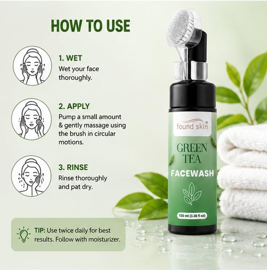 Found Skin Green Tea Face Wash with Built-in Silicone Brush | Deep Cleansing Oil Control Face Cleanser for Acne, Blackheads & Pimples | Hydrating & Refreshing Skincare for Oily Skin | 150ml