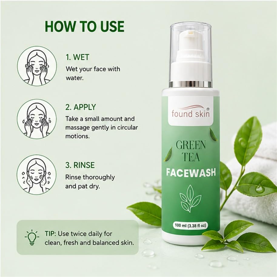 Found Skin Green Tea Face Wash | Deep Pore Cleansing Oil Control Face Cleanser for Acne, Pimples & Dull Skin | Refreshing Daily Facial Cleanser with Green Tea Extract | 100ml