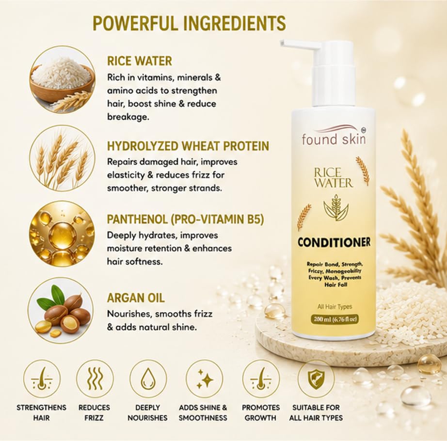 Found Skin Rice Water Formula for Dry, Frizzy & Weak Strands | Nourishing Daily Conditioner for Smooth & Manageable Hair 200ml