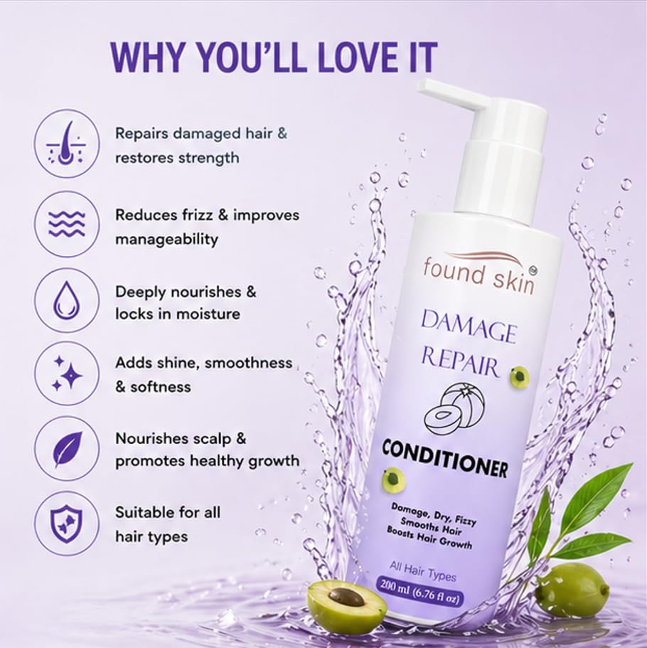 Found Skin Damage Repair Formula Nourishing Daily Conditioner for Dry, Frizzy & Weak Strands for Smooth & Manageable Hair 200ml