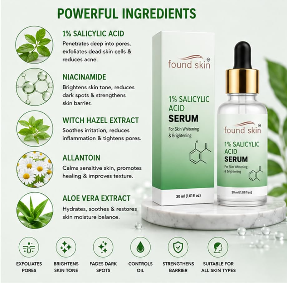 Found Skin 1% Salicylic Acid Face Serum for Daily Skin Care | Lightweight Formula for Smooth & Refreshed Looking Skin | Suitable for All Skin Types 30ml