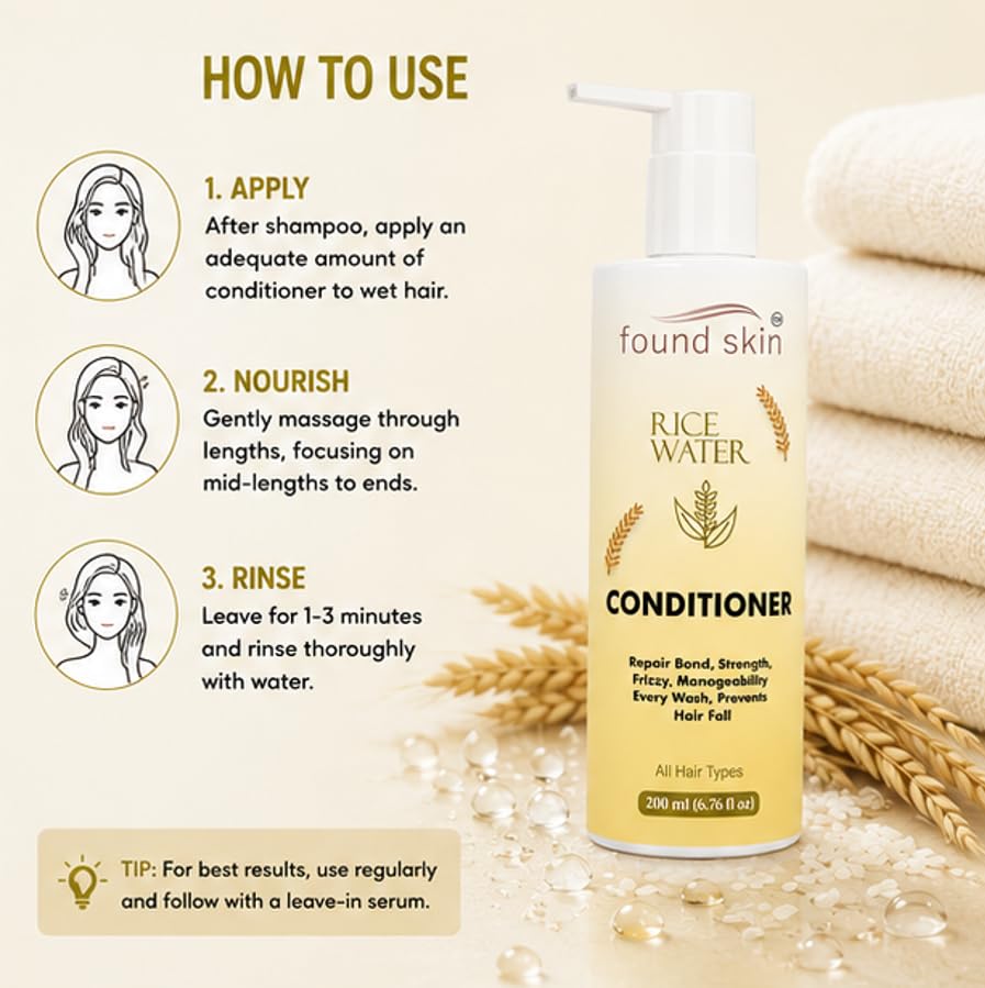 Found Skin Rice Water Formula for Dry, Frizzy & Weak Strands | Nourishing Daily Conditioner for Smooth & Manageable Hair 200ml
