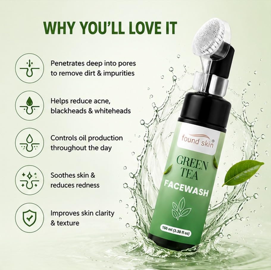 Found Skin Green Tea Face Wash with Built-in Silicone Brush | Deep Cleansing Oil Control Face Cleanser for Acne, Blackheads & Pimples | Hydrating & Refreshing Skincare for Oily Skin | 150ml