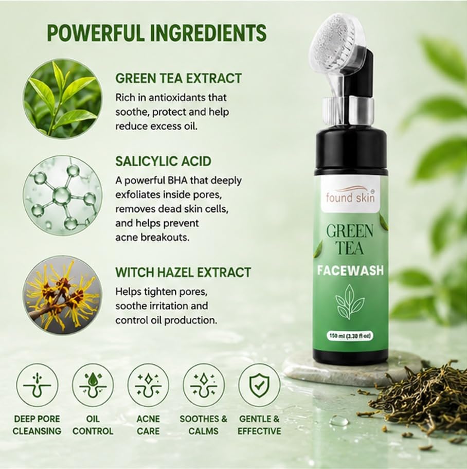 Found Skin Green Tea Face Wash with Built-in Silicone Brush | Deep Cleansing Oil Control Face Cleanser for Acne, Blackheads & Pimples | Hydrating & Refreshing Skincare for Oily Skin | 150ml