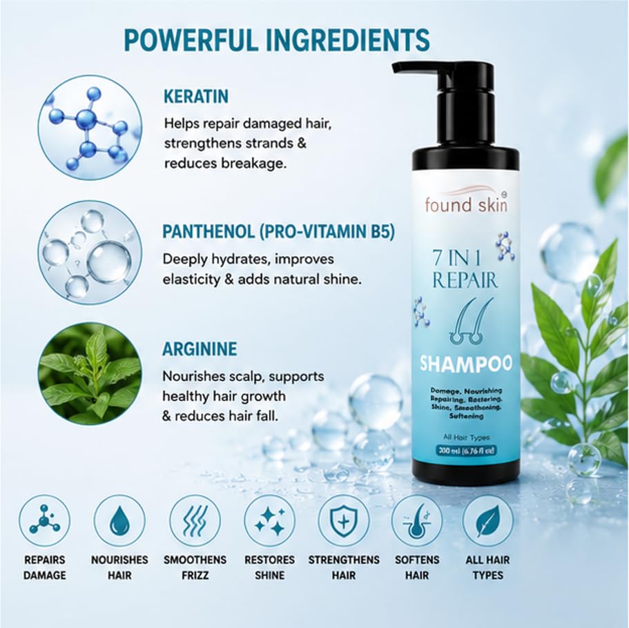 Found Skin 7 in 1 Repair Shampoo for Dry, Damaged & Dull Strands | Nourishing Daily Cleanser for Smooth & Healthy-Looking Hair 200ml