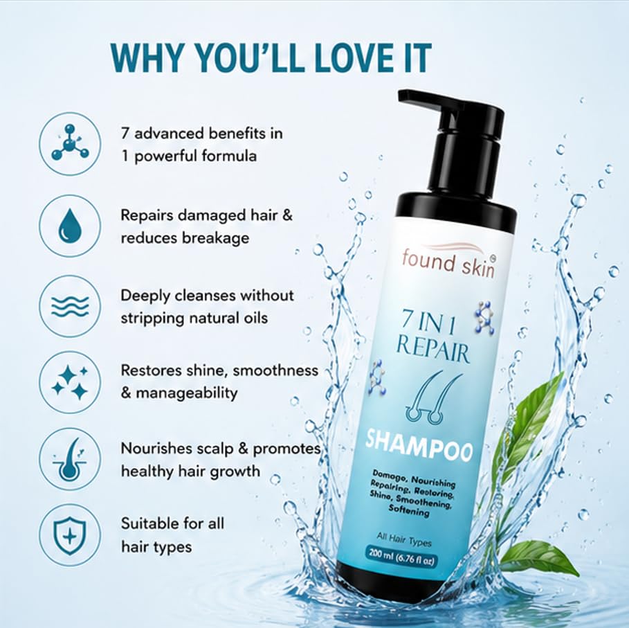Found Skin 7 in 1 Repair Shampoo for Dry, Damaged & Dull Strands | Nourishing Daily Cleanser for Smooth & Healthy-Looking Hair 200ml