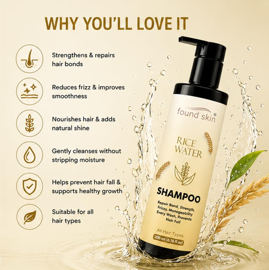 Found Skin Rice Water Shampoo for Hair Strength & Frizz Control | Nourishing Daily Shampoo for Smooth, Manageable & Healthy Looking Hair | All Hair Types 200ml