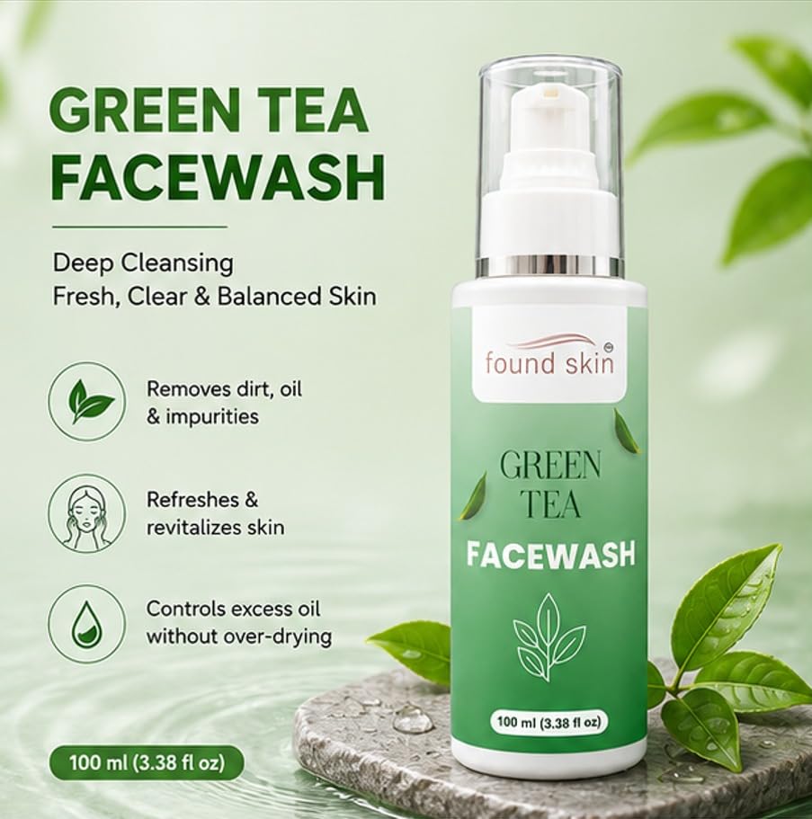 Found Skin Green Tea Face Wash | Deep Pore Cleansing Oil Control Face Cleanser for Acne, Pimples & Dull Skin | Refreshing Daily Facial Cleanser with Green Tea Extract | 100ml