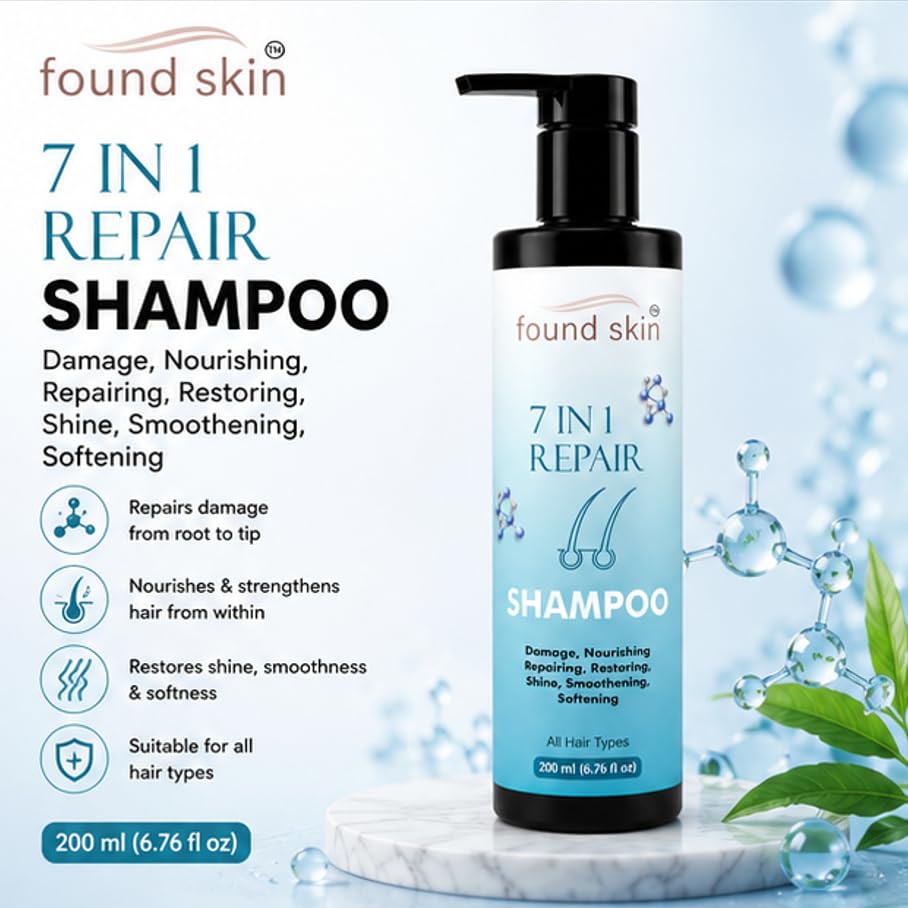 Found Skin 7 in 1 Repair Shampoo for Dry, Damaged & Dull Strands | Nourishing Daily Cleanser for Smooth & Healthy-Looking Hair 200ml