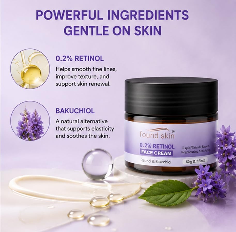 Found Skin 0.2% Retinol Face Cream with Bakuchiol for Daily Skin Care | Lightweight Moisturizing Formula for Smooth Looking Skin | 50g