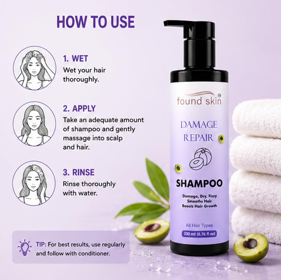 Found Skin Damage Repair Shampoo for Dry, Frizzy and Damaged Hair, Smooth and Nourishing Daily Cleanser, All Hair Types, 200ml